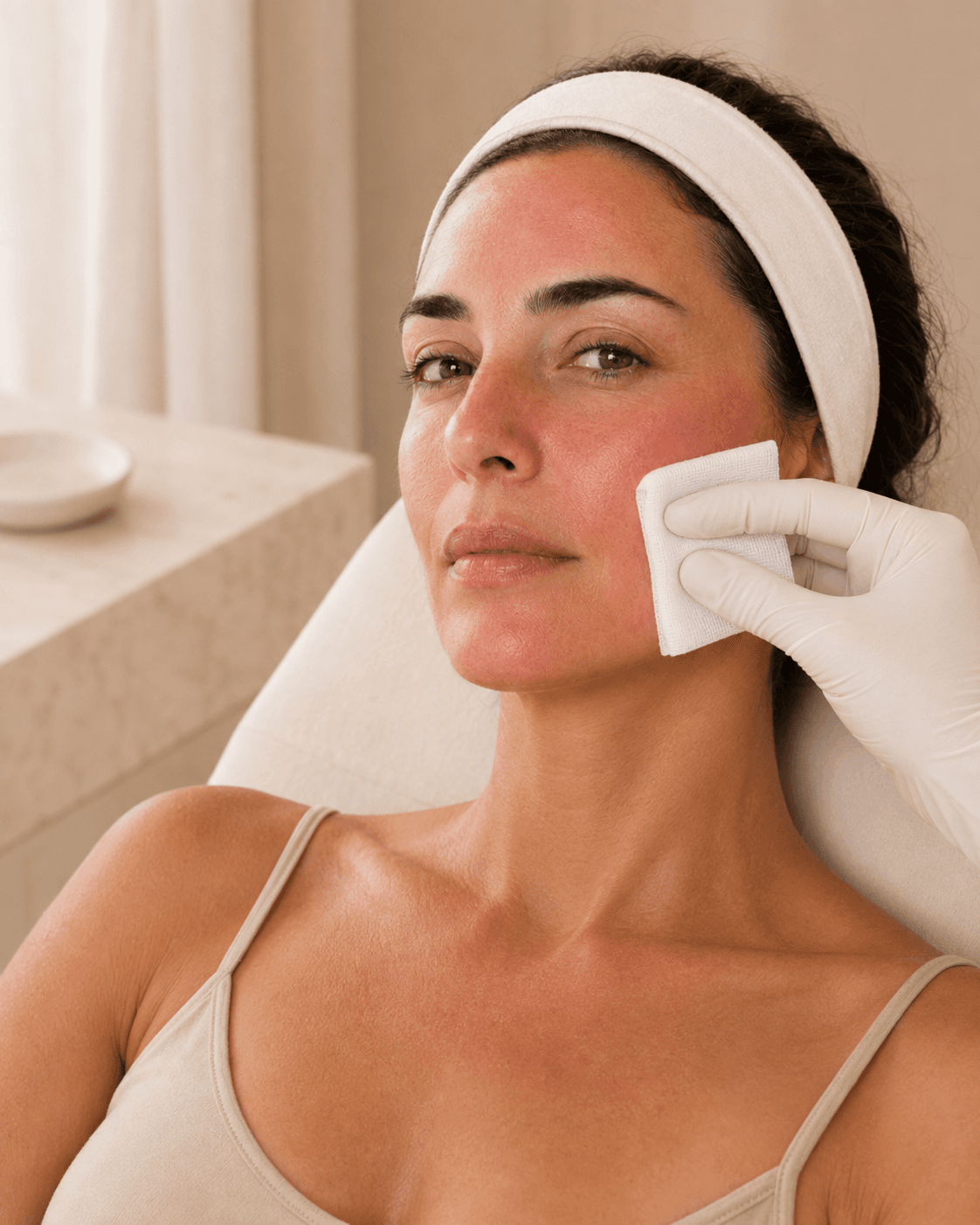 Woman with mild facial redness after a skin procedure, with a wide-brimmed hat beside her