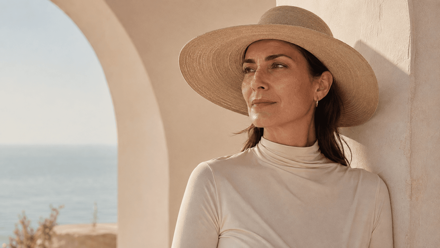 Woman wearing protective clothing in soft sunlight, representing a thoughtful approach to sun protection after skin cancer.